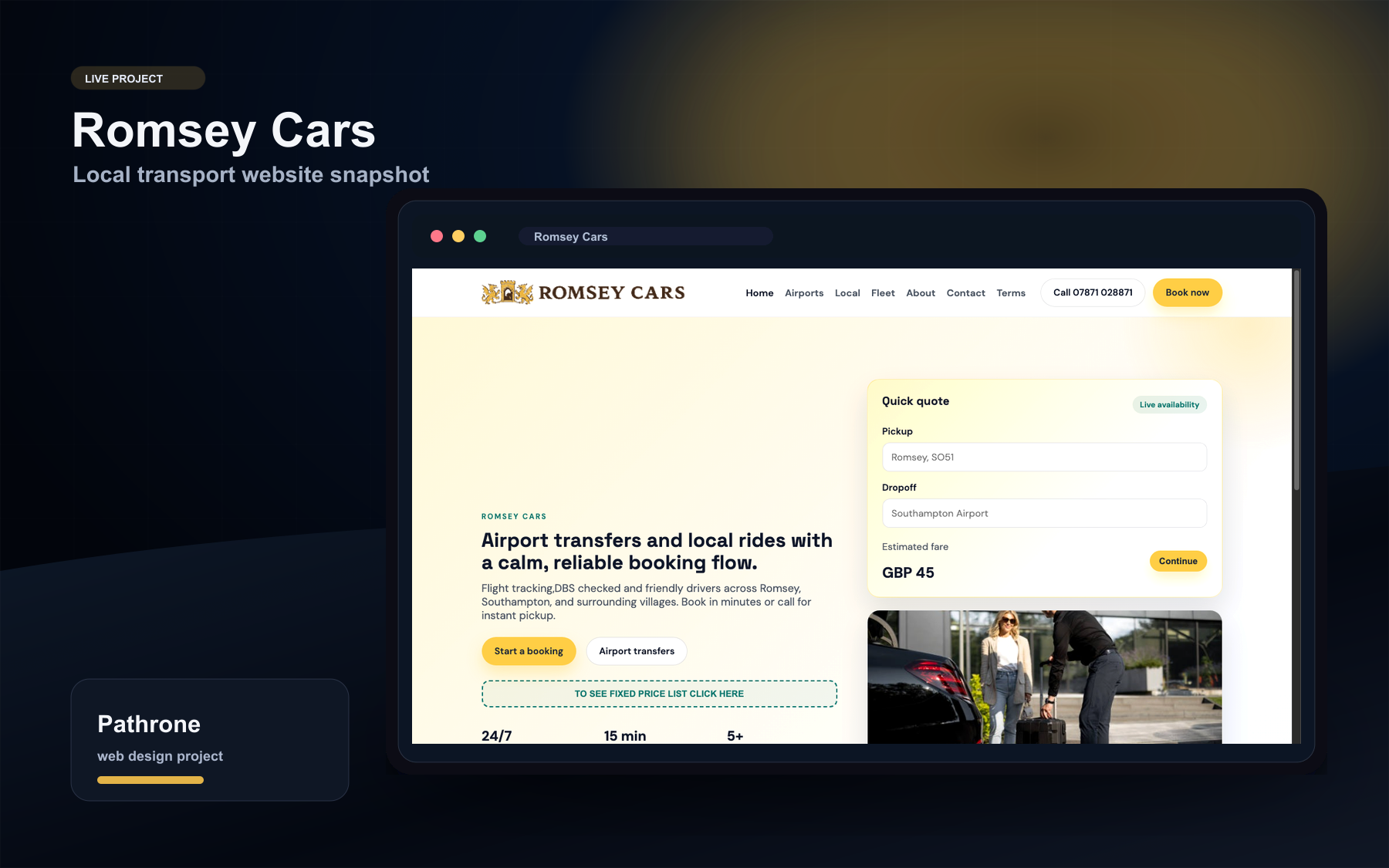 Romsey Cars website shown inside a Pathrone case study browser mockup.
