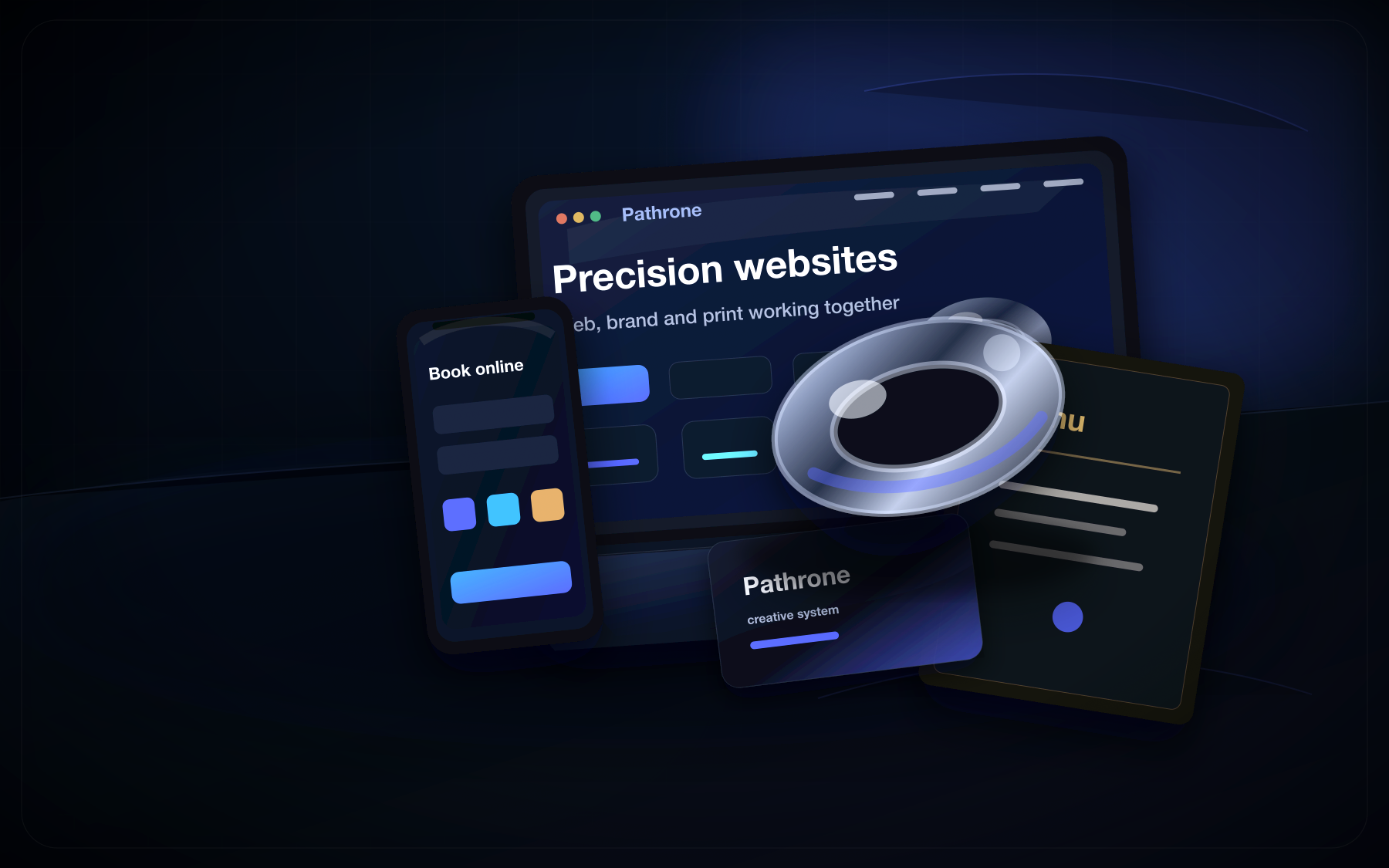 Custom Pathrone hero mockup with website, booking phone, business card and print materials.
