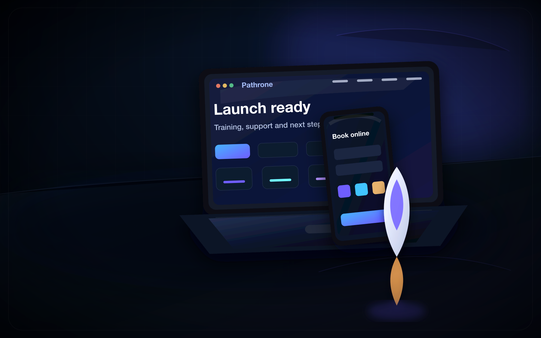 Custom Pathrone launch process image with finished website, mobile preview and launch materials.